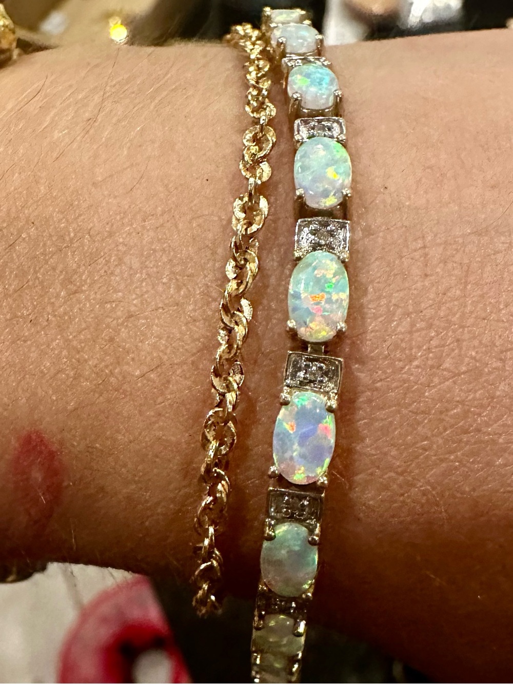 10K Solid Gold Diamond Tennis Bracelet w Natural Opal Solid 10K gold bracelet - Picture 3 of 10